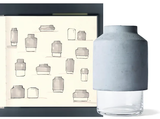 Kontrasten mellem den rå beton og klart glas viser også, at Willmann vasen fra Menu var lavet af en speciel kombination af materialer, der er kendetegnende for tyske Hanne Willmanns design.