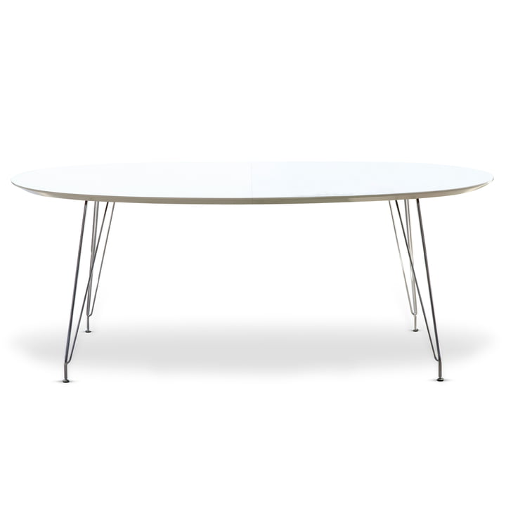 DK10 ovalt spisebord fra Andersen Furniture (bordplade laminat, hvid, stel rustfrit stål forkromet)