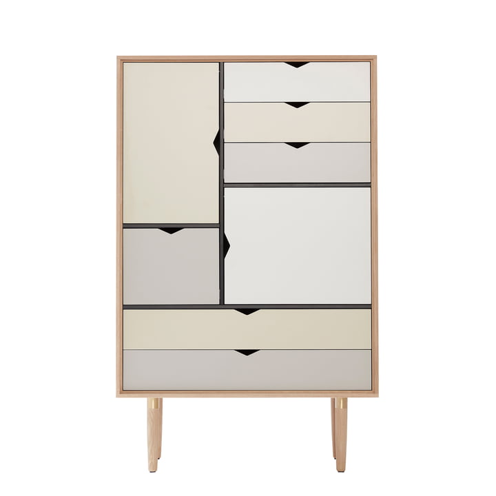 S5 kommode fra Andersen Furniture i sæbebehandlet eg (fronter sølv, beige, metalgrå)