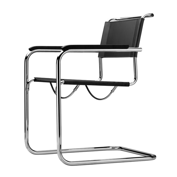 Thonet – S 34 stol fra Thonet af krom/sort kernelæder/sortbejdset armlæn af bøg (TP 29)