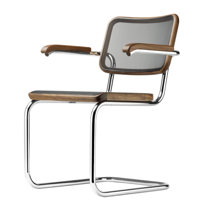 S 64 N lænestol fra Thonet i krom / olieret valnød / sort mesh betræk (Pure Materials)