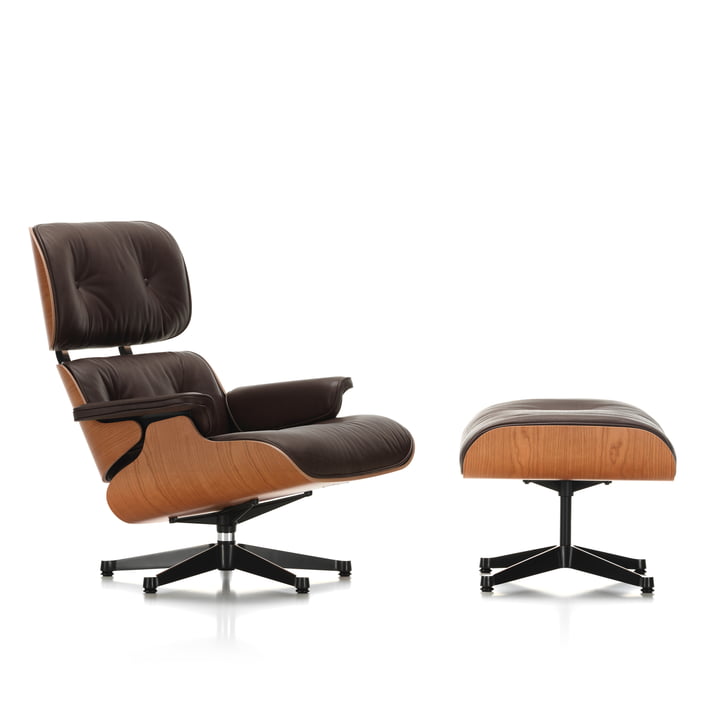 Vitra - Lounge Chair & Ottoman, poleret / sider sort, amerikansk. Kirsebærtræ / læder Naturlig chokolade (plastiksvævefly)