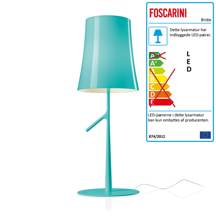 Birdie Grande LED bordlampe med lysdæmper fra Foscarini i aqua