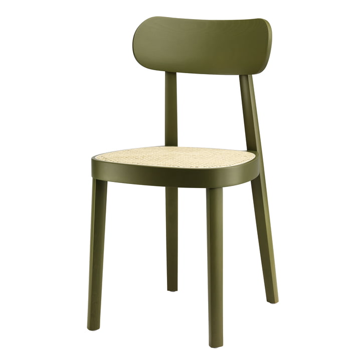 118 stol fra Thonet, fletværk med plastmateriale / bøg bejdset olivengrøn (RAL 6003)