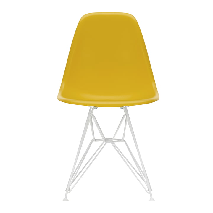 Eames Plastic Side Chair DSR fra Vitra i hvid / sennep (filt glider hvid)