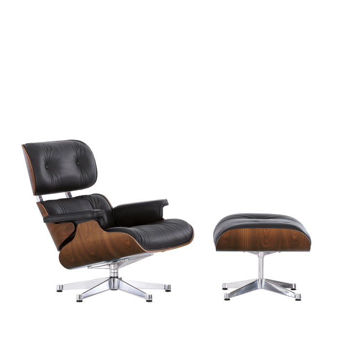 Lounge Chair & Ottoman fra Vitra i den polerede version, sortpigmenteret valnød, premium nero læder (klassisk)