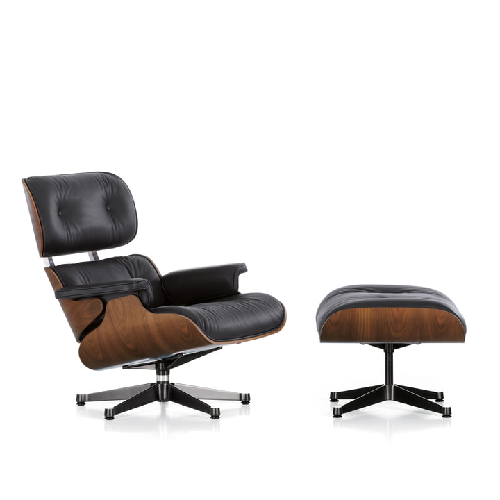 Vitra - Lounge Chair & Ottomann, sortpigmenteret valnød, poleret / sider sort, Premium F nero læder, filtglider (nye dimensioner) - udskæring