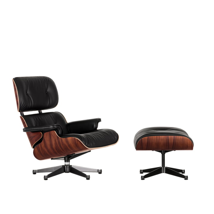 Lounge Chair & Ottoman fra Vitra i poleret finish / sorte sider, Santos palisander, Premium F nero læder (nye dimensioner)