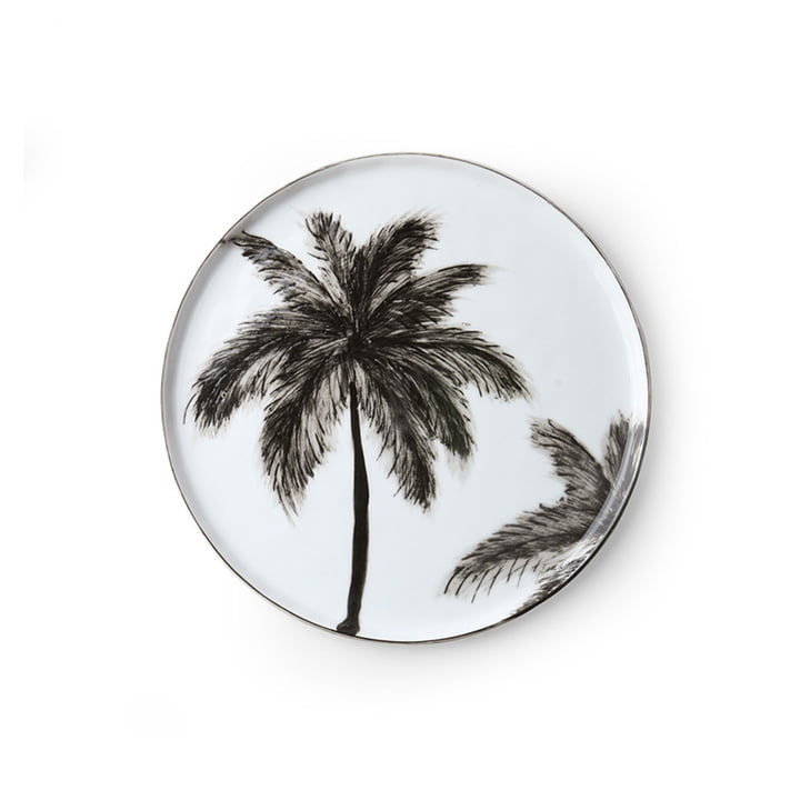 Bold & Basic keramikpladen fra HKliving, Ø 22 cm, hvid / palme motiv