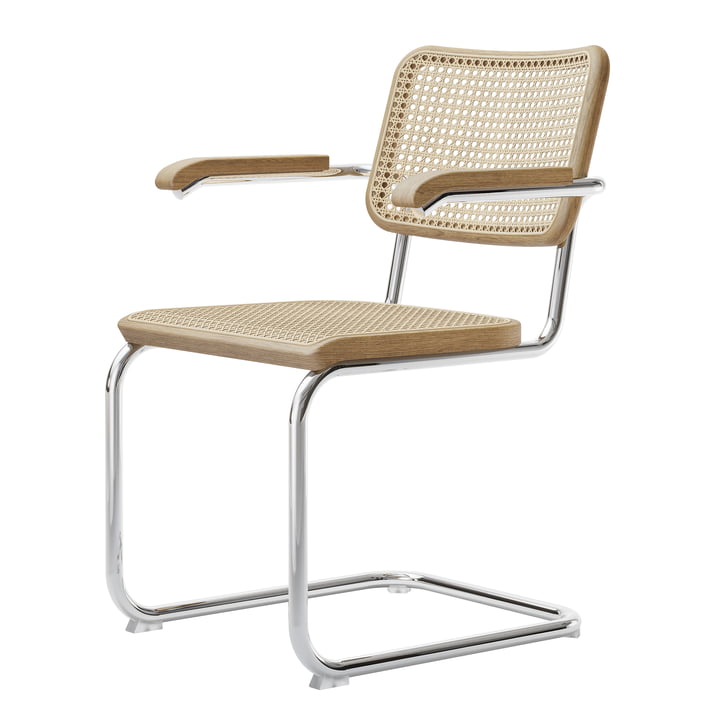 S 64 V lænestol, krom / naturlig eg / spanskrør mesh med støttestof (Pure Materials) fra Thonet