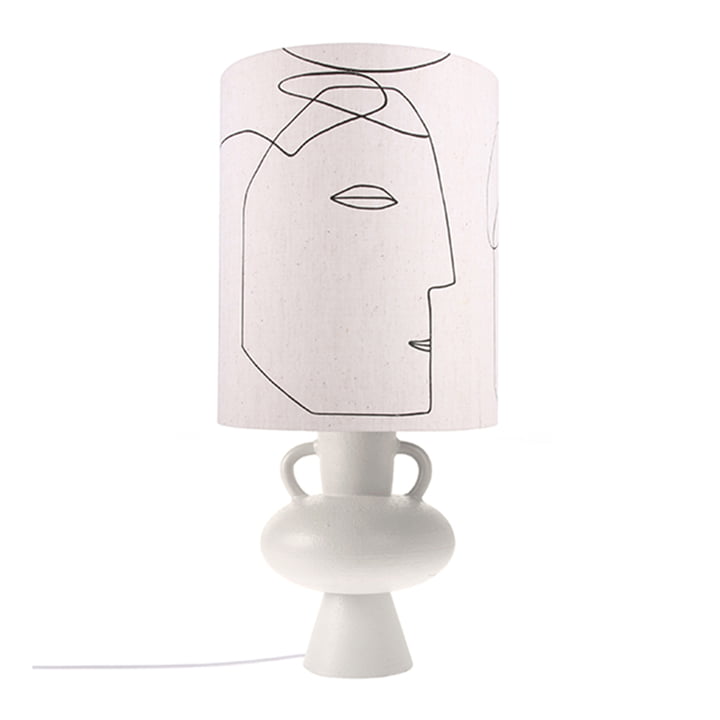Bordlampefod af stentøj med greb, hvid + Printed Faces lampeskærm, L fra HKliving