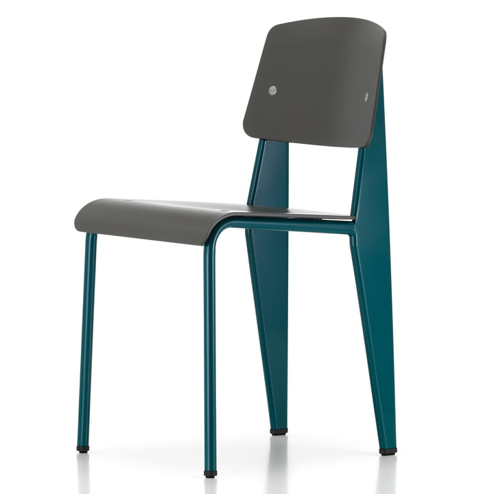 Prouvé Standard SP chair Bleu Dynastie fra Vitra i pulverlakeret udgave, brune filtglidere