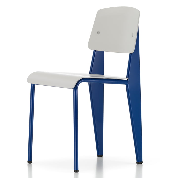 Prouvé Standard SP chair Bleu Marcoule fra Vitra i pulverlakeret udgave, brune filtglidere