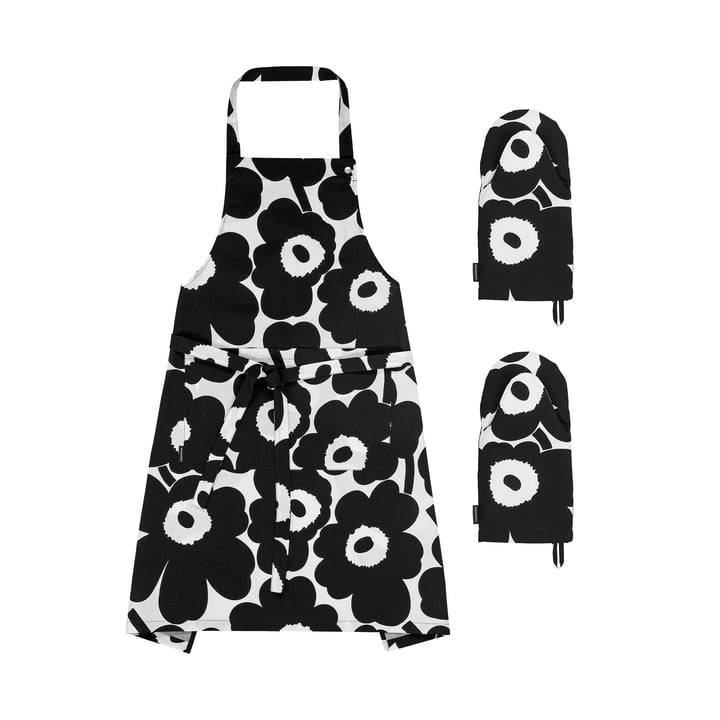 Pieni Unikko forklæde med 2 x ovnhandsker, hvid/sort (3 stk) fra Marimekko