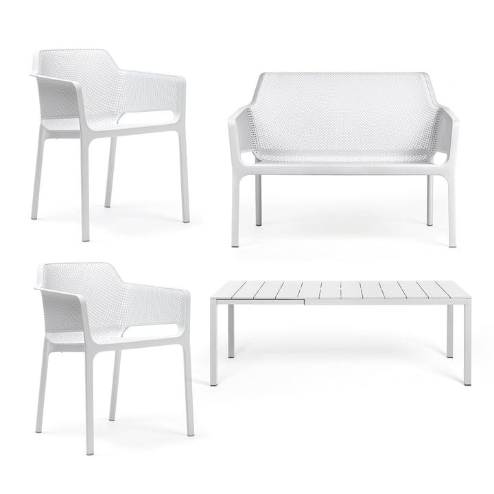 Nardi - Rio Alu udtrækkeligt bord 140 + Net bænk + 2x Net lænestol, hvid