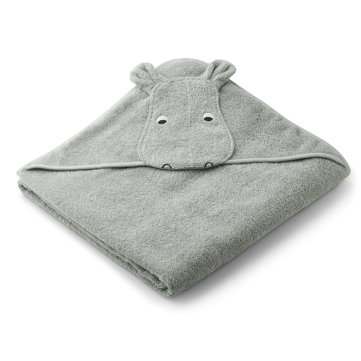 Augusta juniorhåndklæde med hætte fra LIFEWOOD i Hippo-versionen, dueblå