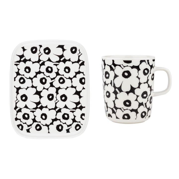 Oiva Pikkuinen Unikko serveringsfad & krus med hank, 60 års jubilæum, 15 x 12 cm & 250 ml, sort/hvid (60th Anniversary Collection) (sæt med 2) fra Marimekko