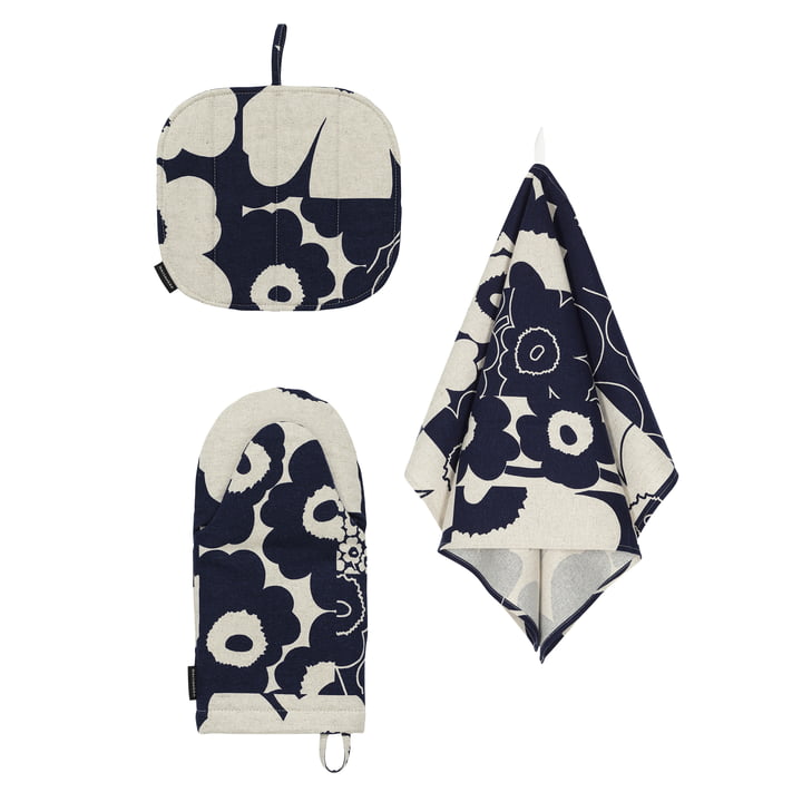 Unikko Kollaasi køkkensæt, viskestykke & ovnhandske & grydelapper, linned / mørk marineblå (sæt med 3) (60th Anniversary Collection) fra Marimekko