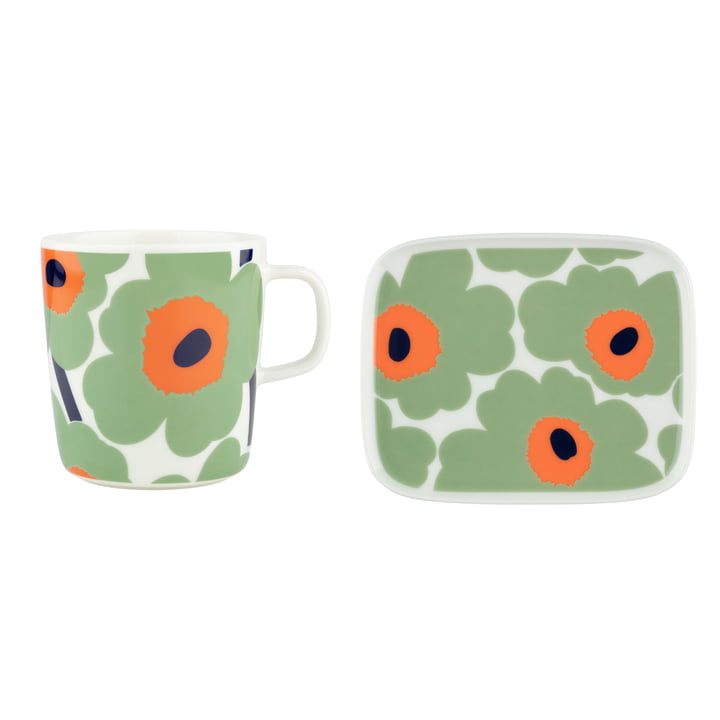 Oiva Unikko krus med hank & tallerken, 400 ml & 15 x 12 cm, hvid / salvie / orange / mørkeblå (sæt med 2) fra Marimekko