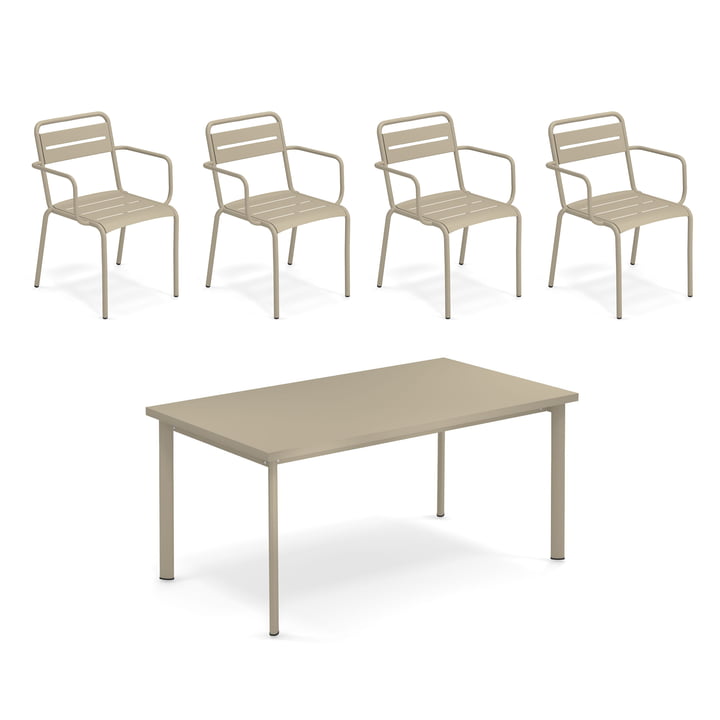 Emu - Star udendørsbord 160 x 90 cm + lænestol (sæt med 4), taupe