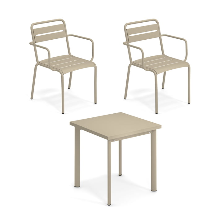 Emu - Star udendørsbord 70 x 70 cm + lænestol (sæt med 2), taupe