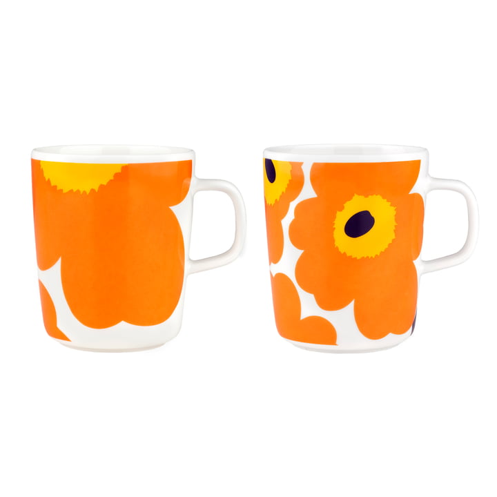 Marimekko - Oiva Iso Unikko & Unikko krus med hank, 60 års jubilæum, 250 ml, hvid / orange / gul (sæt med 2) (60 års jubilæumssamling)