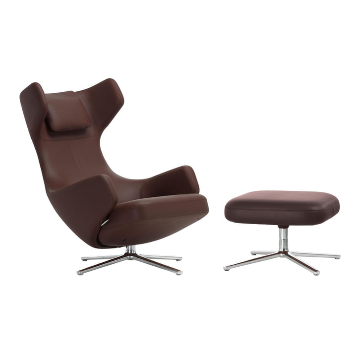 Vitra - Grand Repos lænestol og Ottoman, kastanje, læder 69, poleret aluminium (filtglidere)