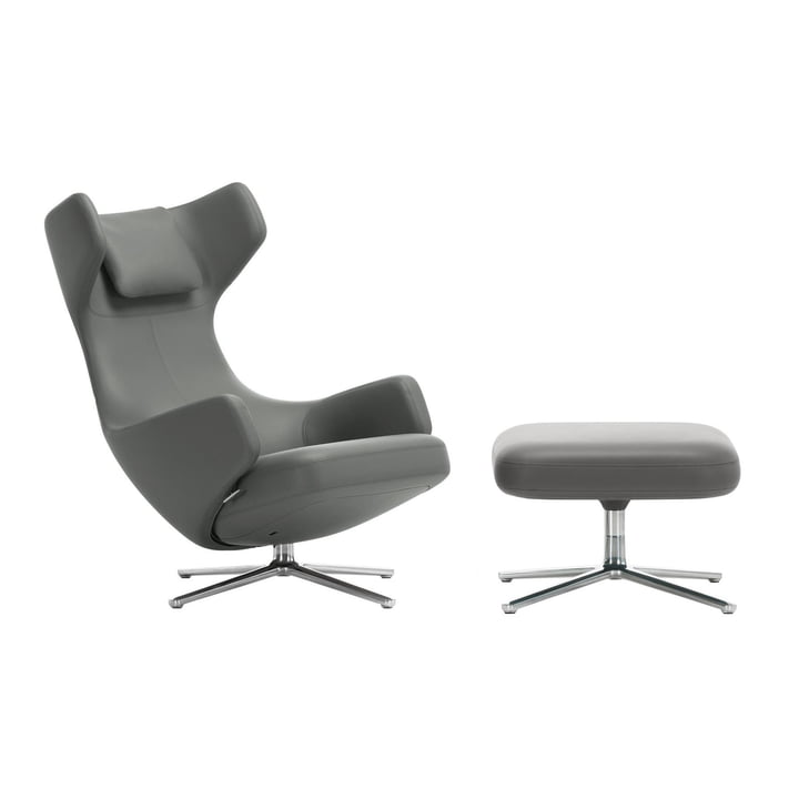 Vitra - Grand Repos lænestol og Ottoman, granitgrå, premium læder F 65, poleret aluminium (filtglidere)