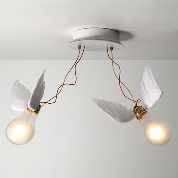 Lucellino Doppio væg- og loftslampe af Ingo Maurer skildrer to glødende fugle, der svæver ned