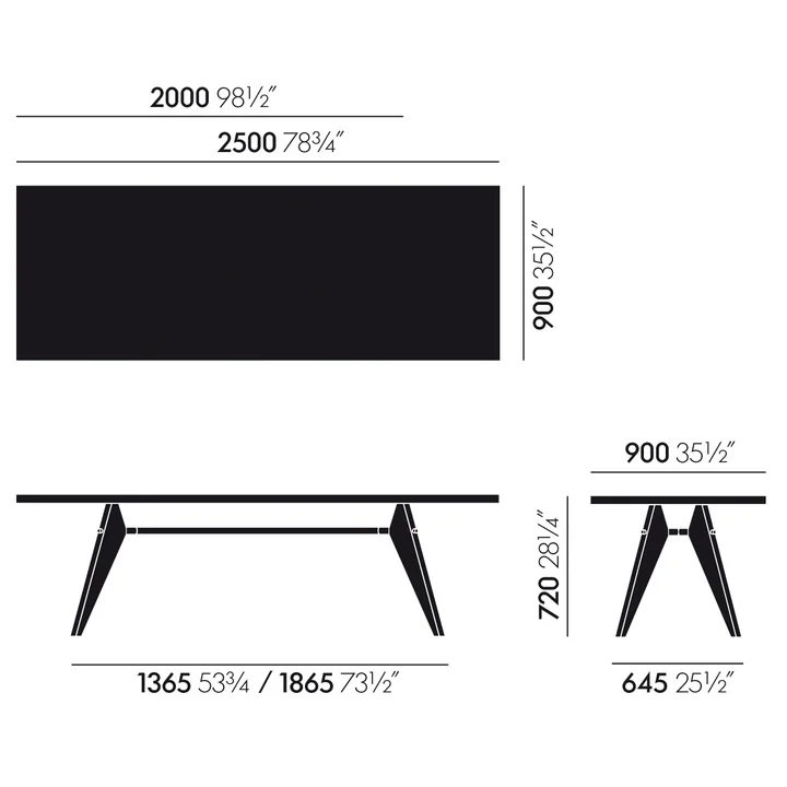 Dimensionerne på Em Table spisebordet fra Vitra Eiche