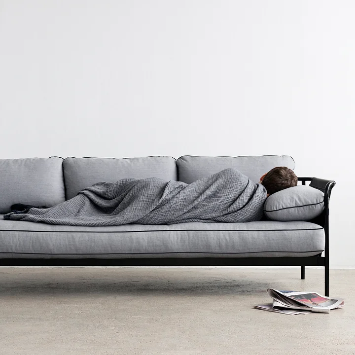 Hø - Can sofa, 3 sæder, sort / lærred sort / lærred grå