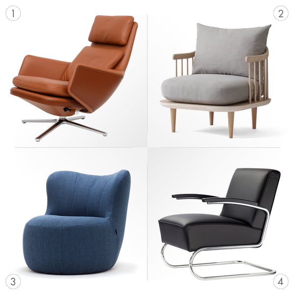 Design lænestole og deres rammetyper, former og ekstramateriale