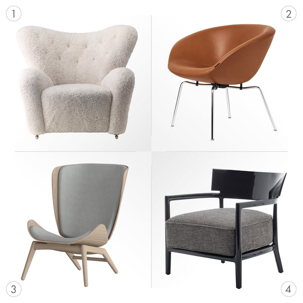 Design lænestole, materialer og polstret tekstiler