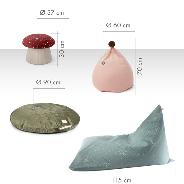 Produkt underkategori - børne sækkestole - oversigt over forskellige størrelser