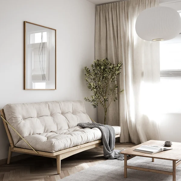Folk sovesofaen fra Karup Design i stuen med naturlige farver